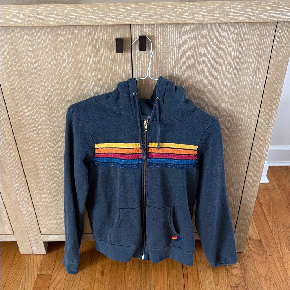 Aviator Nation Navy Blue Hoodie with Multicolor Stripes. size M.